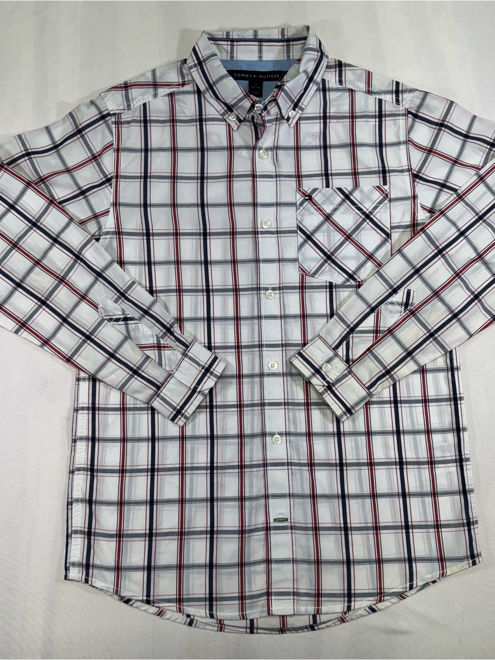 Tommy Hilfiger White Plaid Button-Down Shirt with Navy & Red Stripes